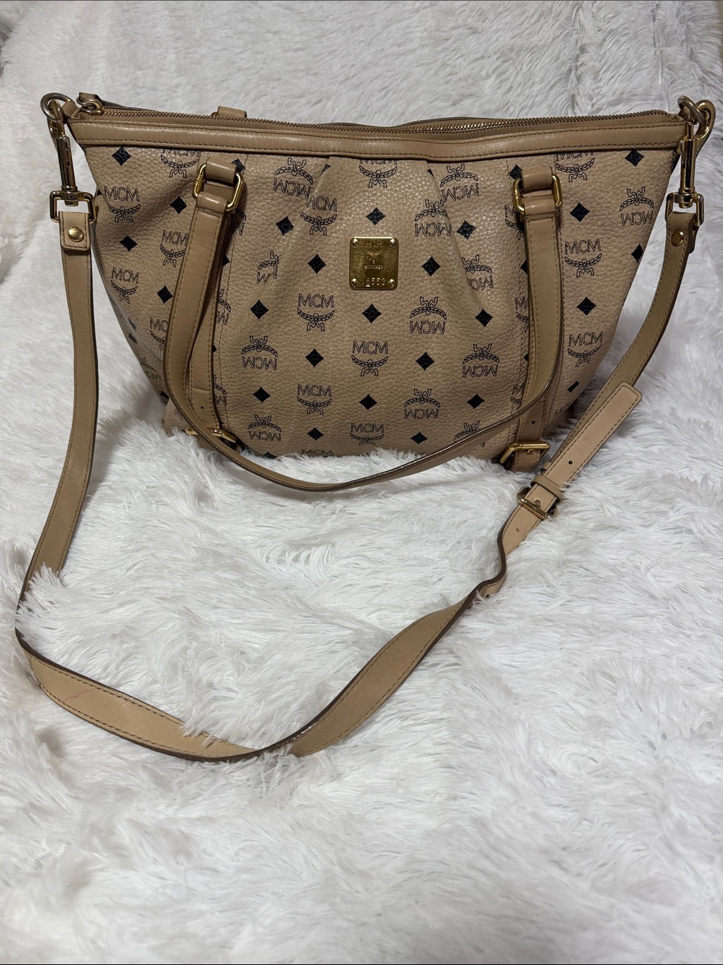 Mcm Tan Visetos Logo Crossbody Shoulder Bag With Gold-Tone Plaque